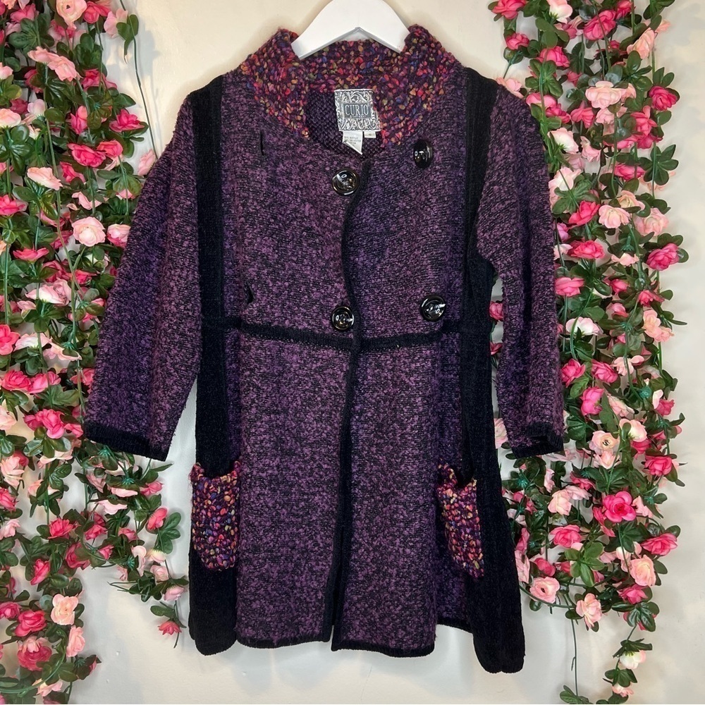 Curio Purple Pink Black Peacoat Cardigan Womens Sweater S Vintage Art to wear 🌹